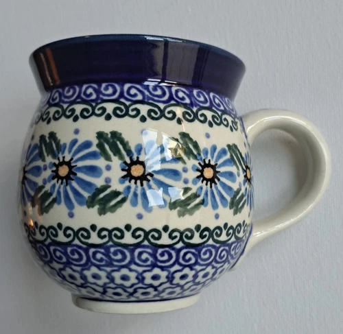 POLISH Pottery Bubble Mug Cup Blue White Hand Painted Floral Flowers  Signed MW