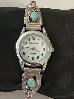 Navajo Gr Turquoise Coral Watch tips Sterling Silver ladies new battery RB w015