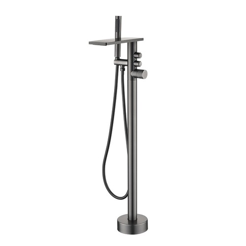 Rubinetto vasca freestanding cascata riempimento vasca nero opaco montaggio a pavimento ottone - Foto 6 di 7