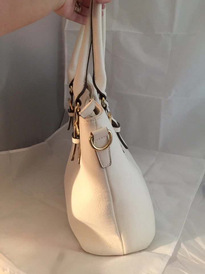 ❤️Charming Charlie Faux Leather Purse Tote Shopper Bag White Gold Buckles - Image 3 of 4