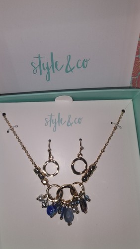 Style & Co Gold Tone, blue Bead Wire Earrings & Necklace Set $24.50 New - Picture 3 of 3