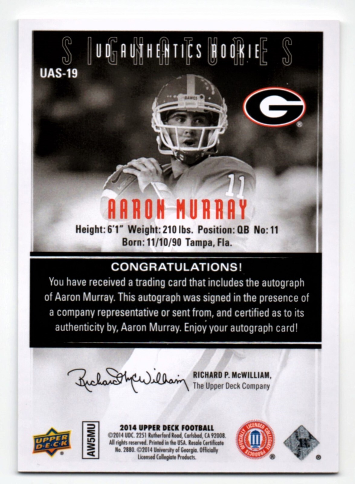 Aaron Murray 2014 Upper Deck Authentic RC Auto Collegiate Card #UAS-19 Georgia - Photo 2 sur 2
