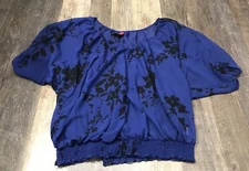 Pure Energy Ladies Size 2 Large Sheer Blouse Blue Floral Print Pheasant Top