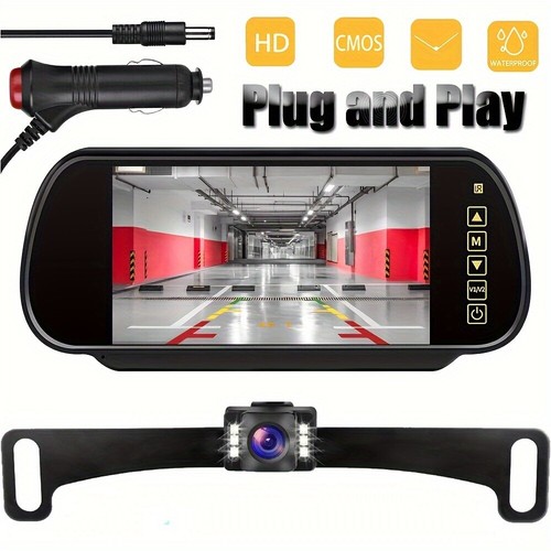 7" Mirror Monitor Backup Camera License Plate 6LEDs Rear View For Pickup Van RV - Picture 2 of 16