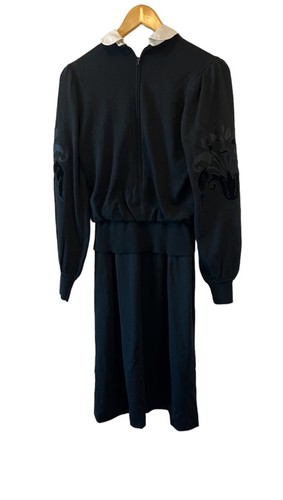 VINTAGE Black Wool Velvet Logo Detachable Collar Long Sleeve Knee Length Dress 8 - Picture 2 of 8