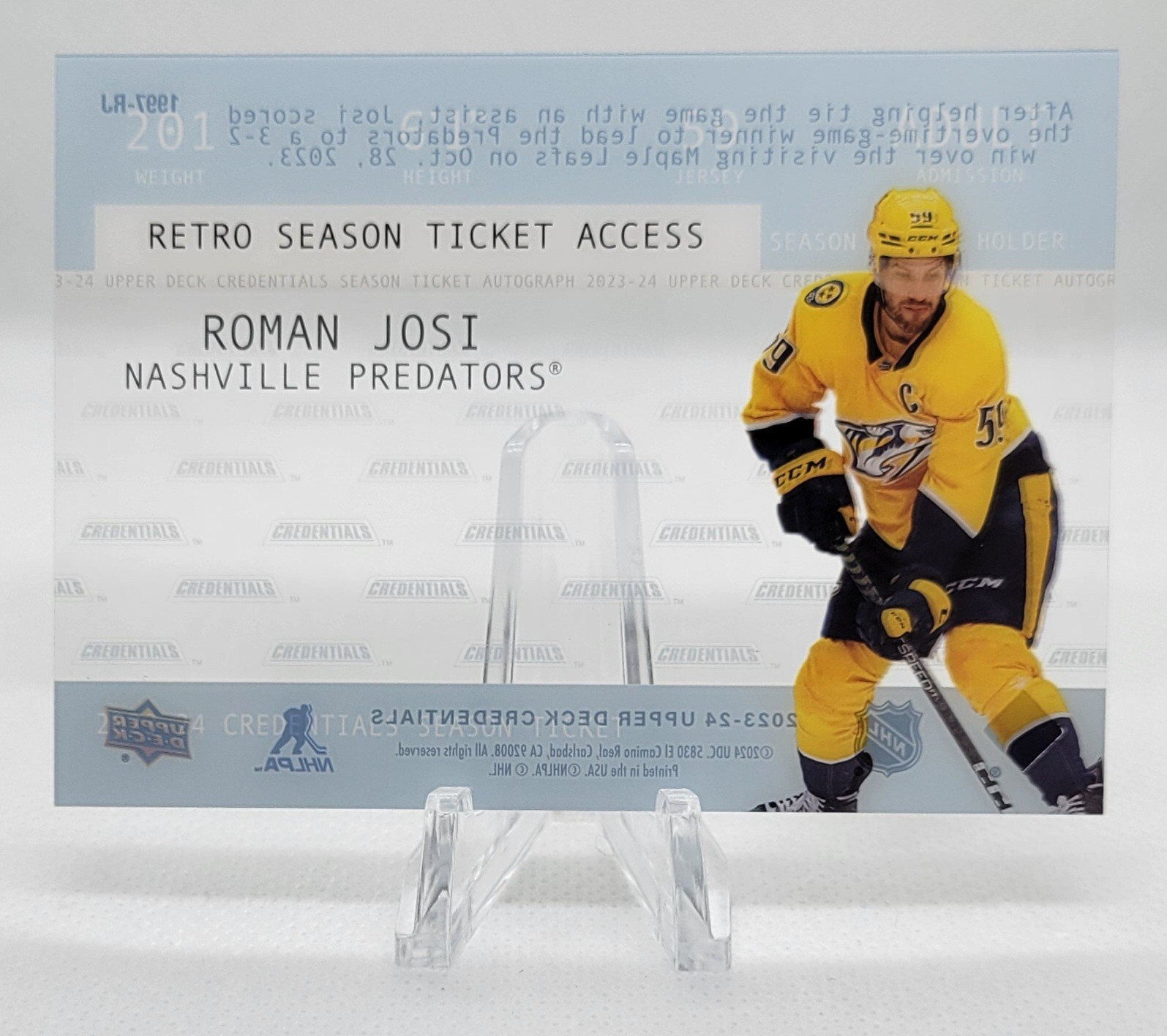 2023-24 Upper Deck Credentials Roman Josi Retro 1997 Season Ticket Acetate