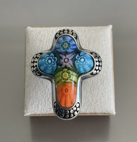 Mehrfarbiger Murano Millefiori Stil Kreuz Ring 316L Edelstahl Größe 10 - Bild 1 von 18