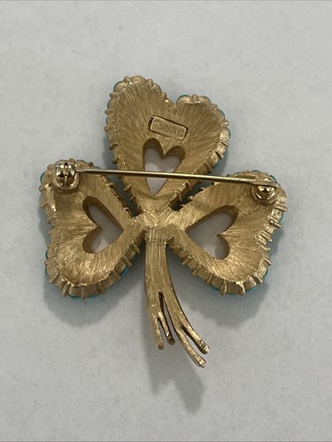 Vintage Crown Trifari Alfred Philippe Turquoise Cabochon Gold Tone hearts Brooch - Picture 6 of 9
