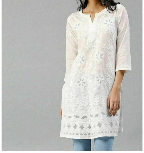 White Chikankari Women Kurti, White Embroidery Cotton Women Kurta for Party Wear - Bild 6 von 11