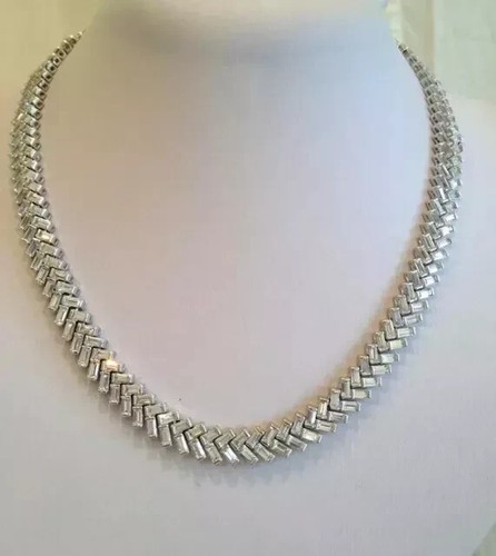 28 Ct Baguette Simulated Diamond Cluster Tennis Necklace 14k White Gold Plated - Picture 5 of 5