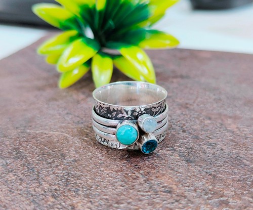Anello Fascia Spinner Larimar & Moonstone Argento 925 Gioielli Argento 925 SIze 10,75 A942 - Foto 4 di 6