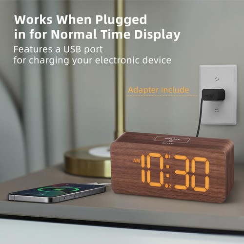 Dimmable Wooden Alarm Clock for Heavy Sleepers - Large Display Volume Control - Picture 3 of 8