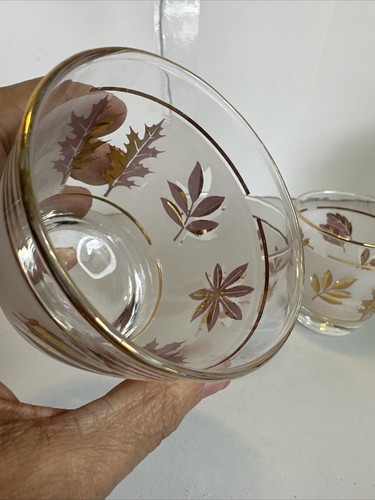 3 vasos de bola baja esmerilados Libbey vintage curvos hoja de oro follaje MCM EE. UU. - Imagen 7 de 16