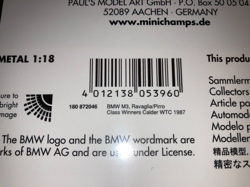 180872046 MINICHAMPS 1:18 BMW M3 E30 RAVAGLIA PIRRO CALDER 1987 L.E.1500 PCS NEW - Picture 3 of 5