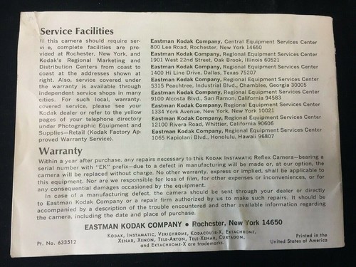 CÁMARA RÉFLEX INSTAMATIC KODAK VINTAGE AÑOS 70 MANUAL DEL PROPIETARIO - Imagen 2 de 4