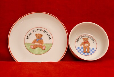 Vandor Pelzman Designs Teddy Bear Childs Plate And Bowl Ceramic 1984 