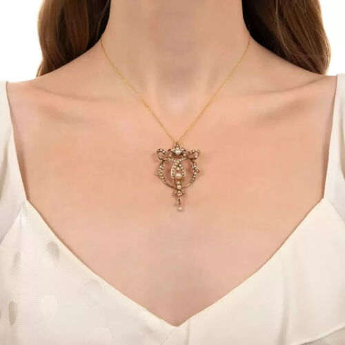 1.40Ct Round Natural Pearl Art Deco Pendant 14K Yellow Gold Plated Free Chain - Picture 2 of 8