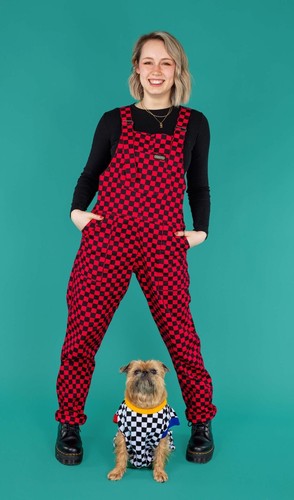 RUN AND FLY Checkerboard Print Stretch Twill Cotton Dungarees Black/Red/Pink Alt - Picture 3 of 9