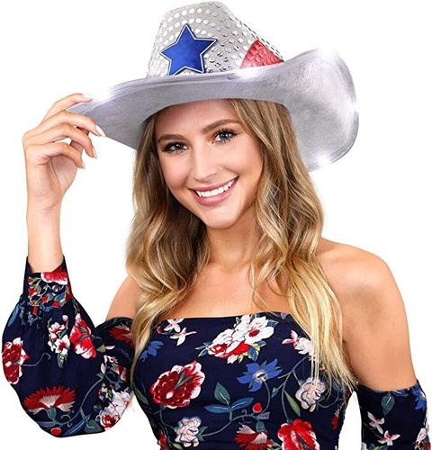 ROJO BLANCO AZUL LED Sombrero de Vaquero con LEDS BLANCOS - DIVERTIDO Iluminación 4 de julio Sombrero de Vaquero - Imagen 5 de 8