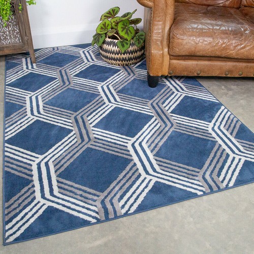 Modern Geometric Navy Rug Small Large Living Room Rugs Home Decor Hallway Runner - Picture 7 of 10