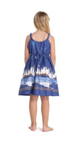 Hawaii Hangover Girl Elastic Strap Dress in White Border Diamond Head Palm Navy - Picture 4 of 7