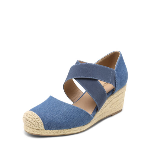 Women Espadrilles Dress Shoes Close Toe Elastic Ankle Strap Wedge Sandals - Picture 13 of 32
