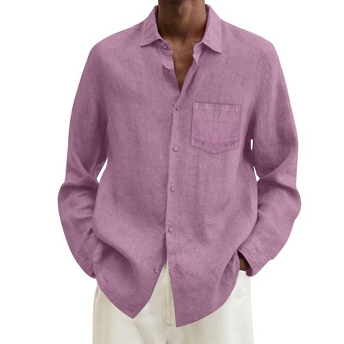 Mens Summer Cotton Linen Plus Size Loose Shirt Turn Down Collar Long Sleeve Top - Picture 50 of 60
