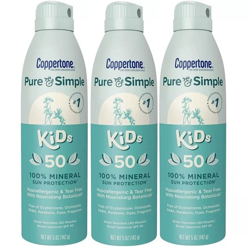 3x COPPERTONE PURE AND SIMPLE KIDS SUNSCREEN SPRAY SPF 50 5oz SUN PROTECTION