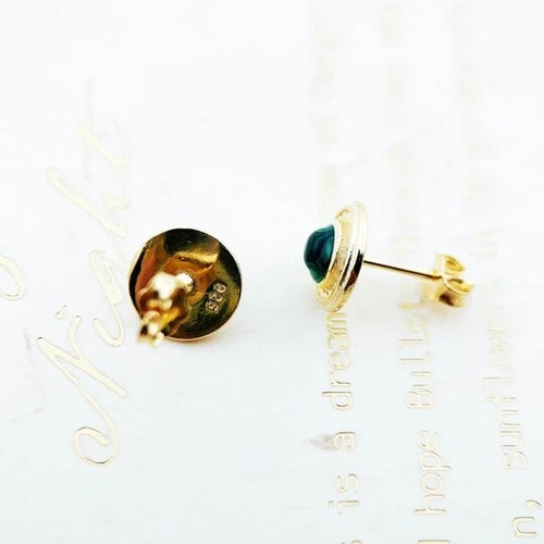 925 Sterling Silver Gold Plated Green Malachite Round Stud Earrings - Picture 5 of 6