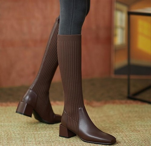 WOMENS LADIES KNEE HIGH CHUNKY SOLE ZIP UP LONG WIDE CALF RIDING SOCK BOOTS SIZE - Picture 10 of 16