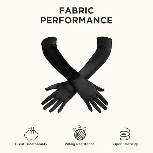 Black 16" Opera Tea Party Gloves 1920 satin look costume stretch adult elbow - Picture 6 of 8