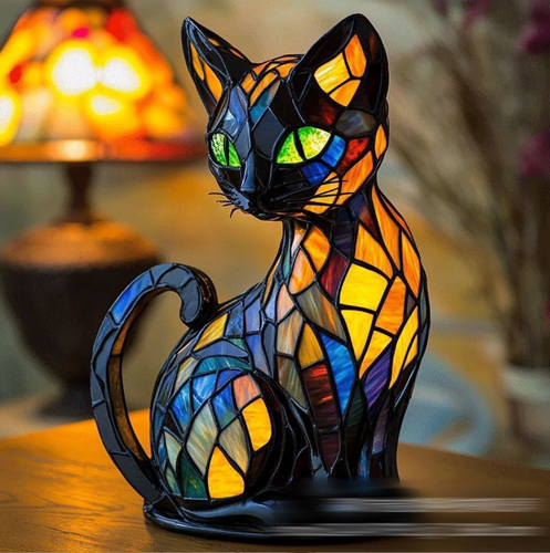 Cat Lamp, Stained Glass Cat Lamp, Retro Cat Stained Resin Table Lamp - Picture 2 of 9