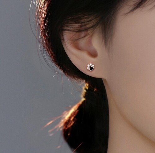 Gold White/Black Tiny Animal Cat Black Paw Pearl Stud Earrings - Picture 4 of 4