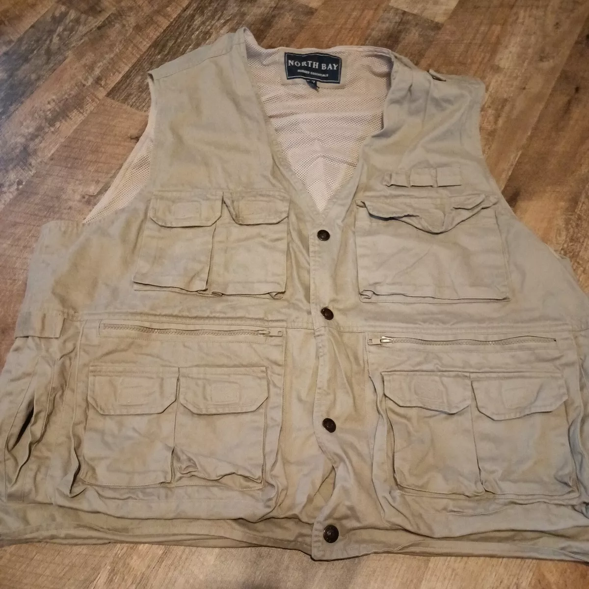 North Bay Vest Men s 2X Beige Kahaki Pocket Cargo Fishing Angler Outdoor Utility