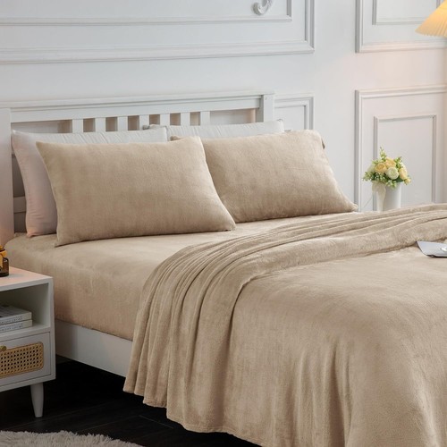 Flannel Bed Sheet Set Deep Pocket Double Micro Fleece 4 Pcs Sheets Plain - Picture 8 of 79