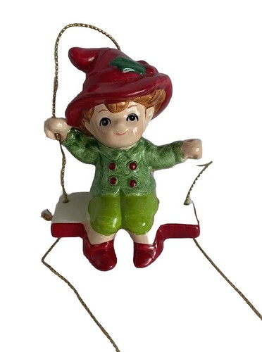 Vintage Ceramic Boy Elf On Swing Christmas Ornament 