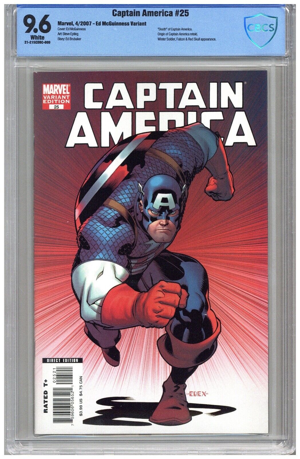 Captain America  #25  CBCS   9.6   NM+   White pgs  4/07  Ed McGuinness Variant Natychmiastowa dostawa wysyłkowa