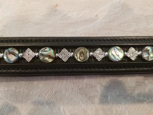 16" Black Leather Browband w/Abalone and Metal Beads