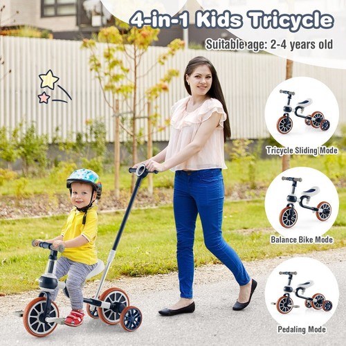 4 in 1 Kids Tricycle Toddler Balance Bike Adjustable Parent Push Handle 4 wheels - Picture 6 of 10