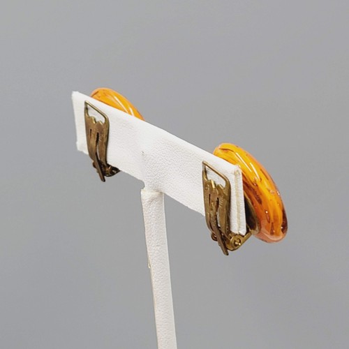 Orecchini Vintage Arte Italiana Vetro Clip On Oro Arancione Macchie Tondo 7/8" - Foto 8 di 10