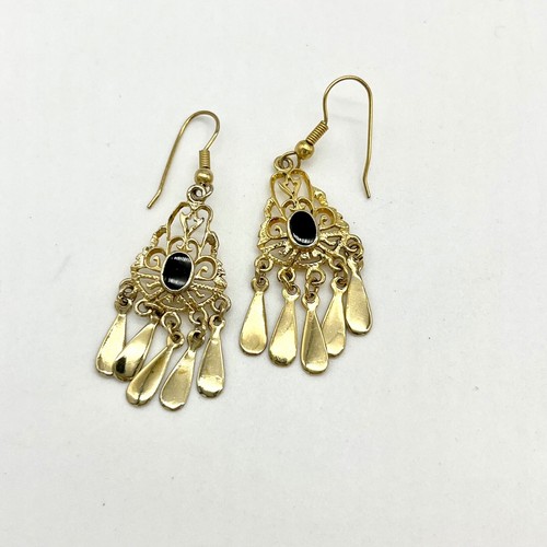 Dangle Drop Earrings Gold Tone Filigree Black Stone Accents Boho Chic - Picture 2 of 5