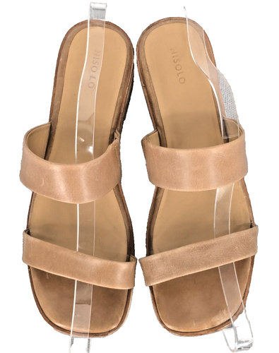 Zuecos Nisolo talla 11 correas de cuero tostado tacones de madera hechos a mano - Imagen 9 de 11