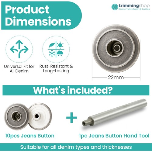 Jeans Buttons Brass Rivets With Fixing Hand Tool for Jacket Clothing Trousers - Picture 19 of 121