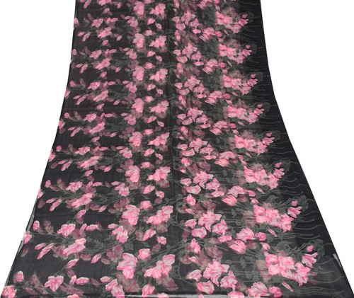 Sushila Vintage Floral Black Saree Pure Chiffon Silk Printed Soft Craft Fabric - Picture 7 of 9