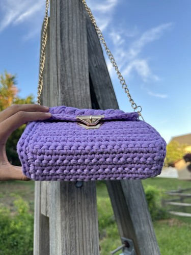 Handcrafted Purple Crochet Bag Women's Crossbody Shoulder Purse Knitted Handbag - Picture 6 of 10