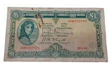 IRELAND CENTRAL BANK 1942 1 POUND WAR CODE " V " WWII ERA BANKNOTE
