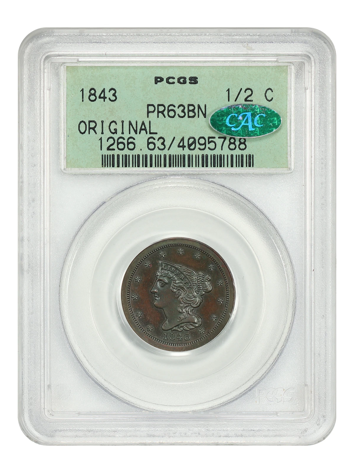 1843 1/2C PCGS/CAC PR63BN (Original, OGH) - Braided Hair Half Cent