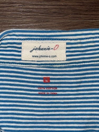 johnnie-O Polo Shirt Mens Large Blue White Stripe Chest Pocket Surfer Logo Golf - Picture 3 of 5