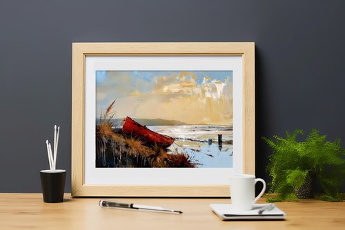 Beached Red Boat 5"x7" Print on Matte Paper | Peaceful Coastal Oil Painting - Picture 7 of 17