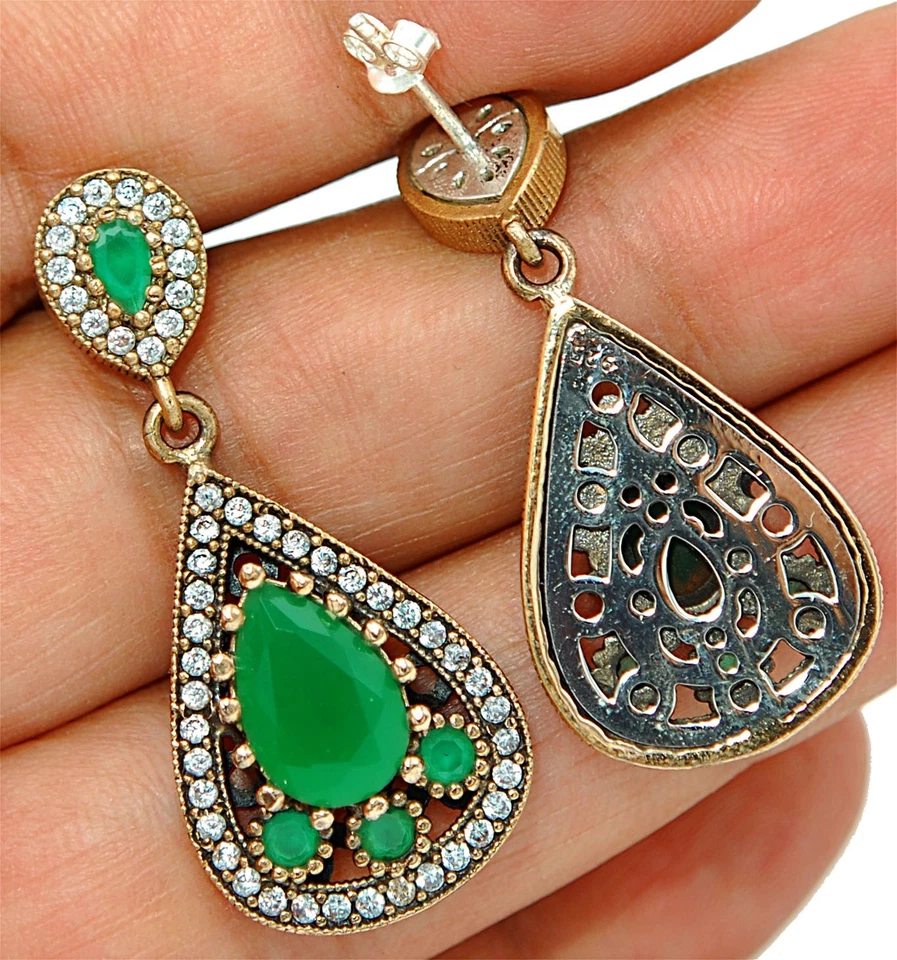 Ottoman Empire Style 12CT Treated Emerald 925 Sterling Silver Earrings TB1528 - Image 2 of 2